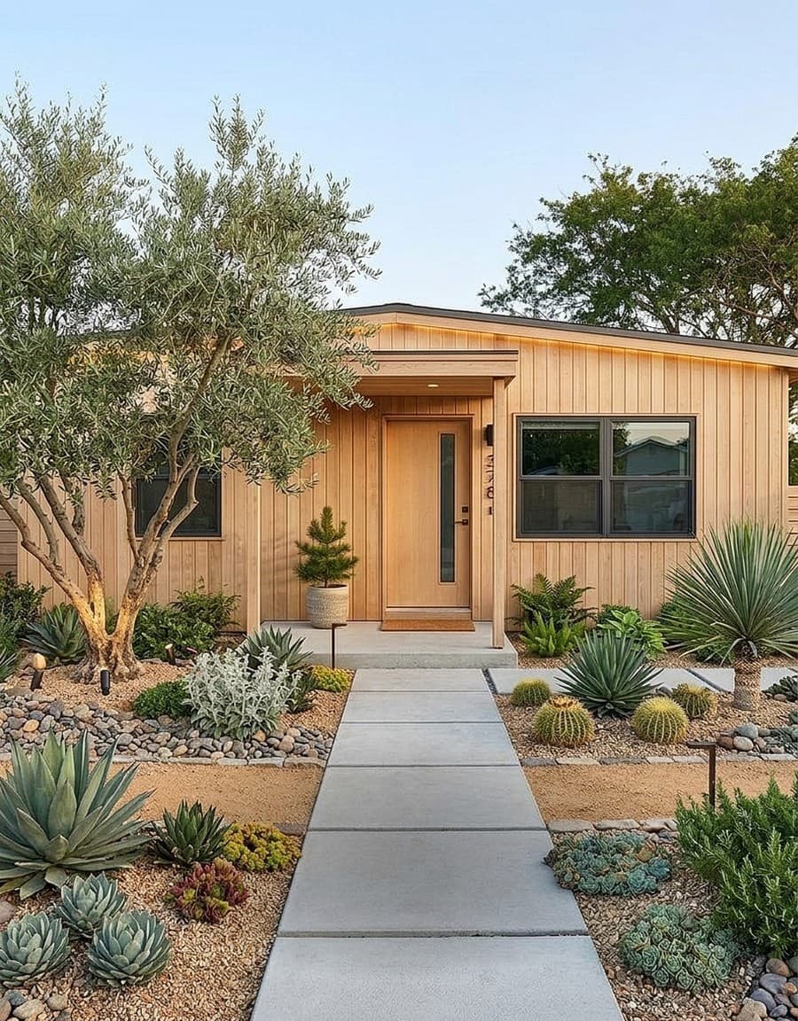 House with drought-tolerant desert landscaping featuring succulents and olive tree