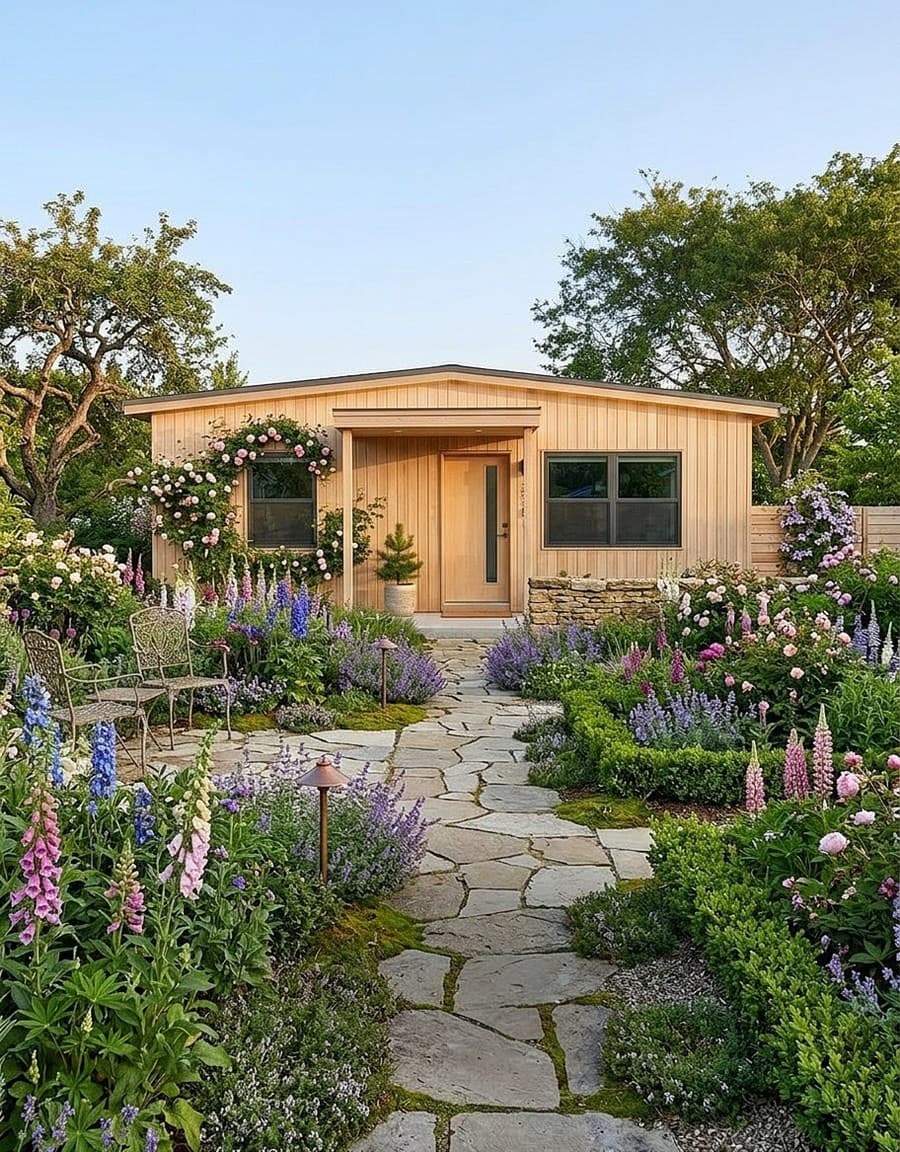 House with lush English garden featuring flower beds, climbing roses, and stone path