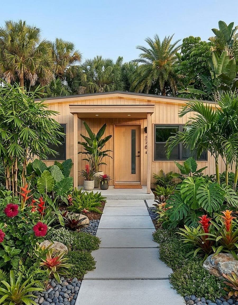 House with tropical landscaping featuring palms, bromeliads, and lush greenery