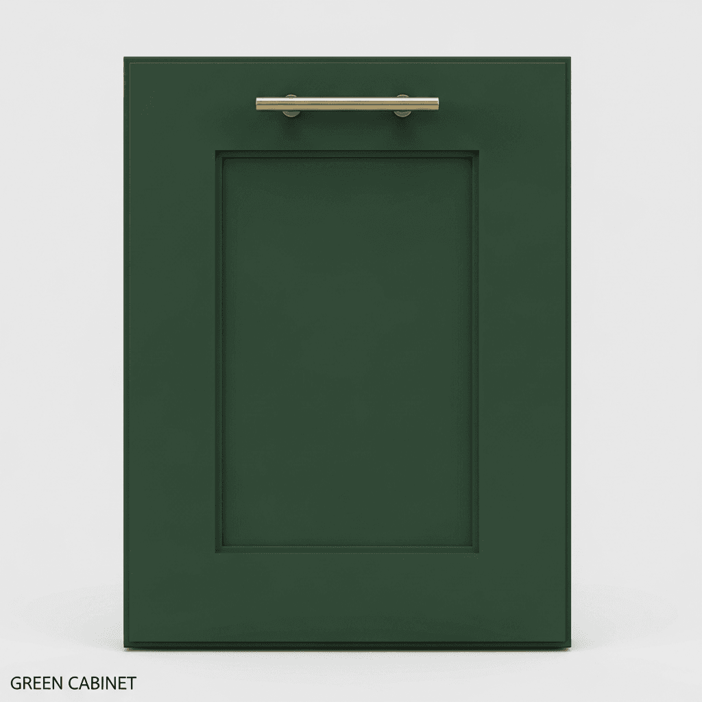 Custom green shaker cabinet asset with brass hardware