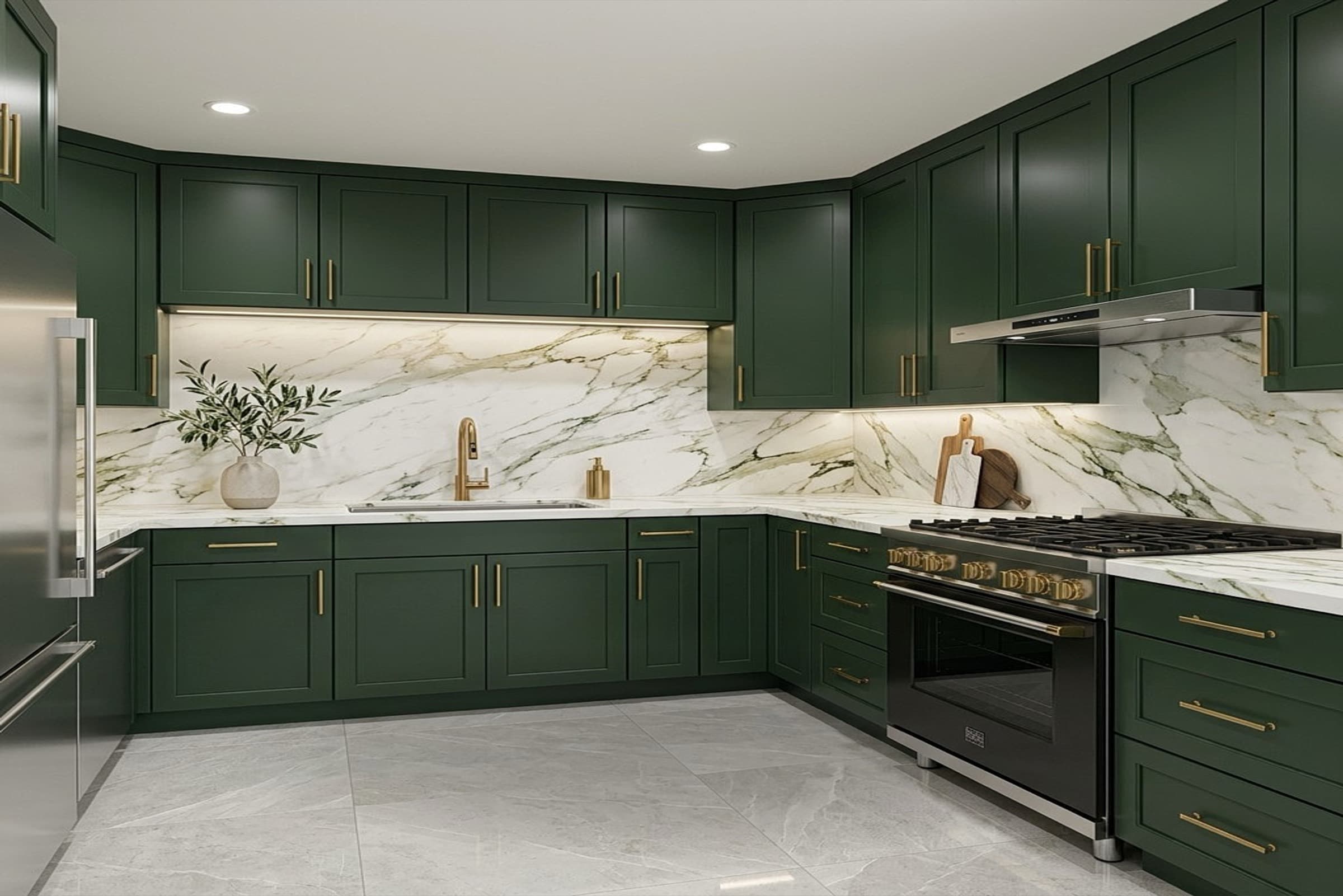 Full kitchen renovation render using the green shaker cabinet with marble backsplash and brass fixtures