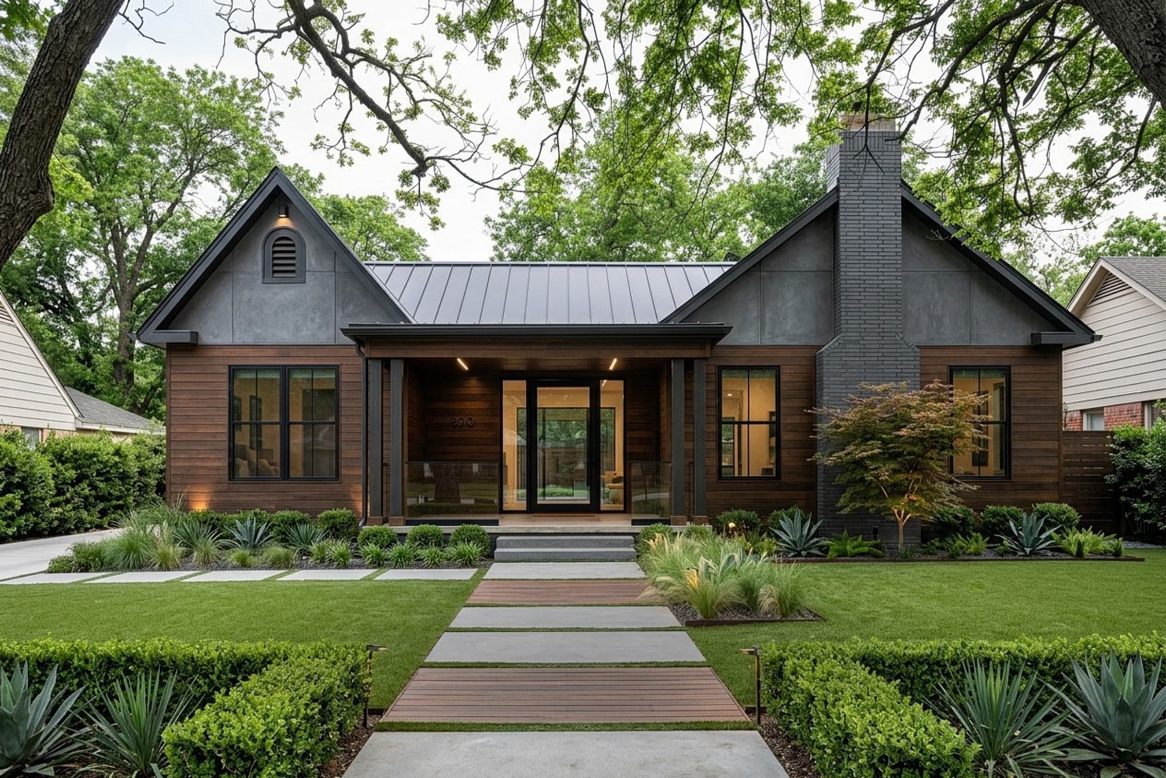 Modern facade renovation with wood and dark siding, updated landscaping and new walkway