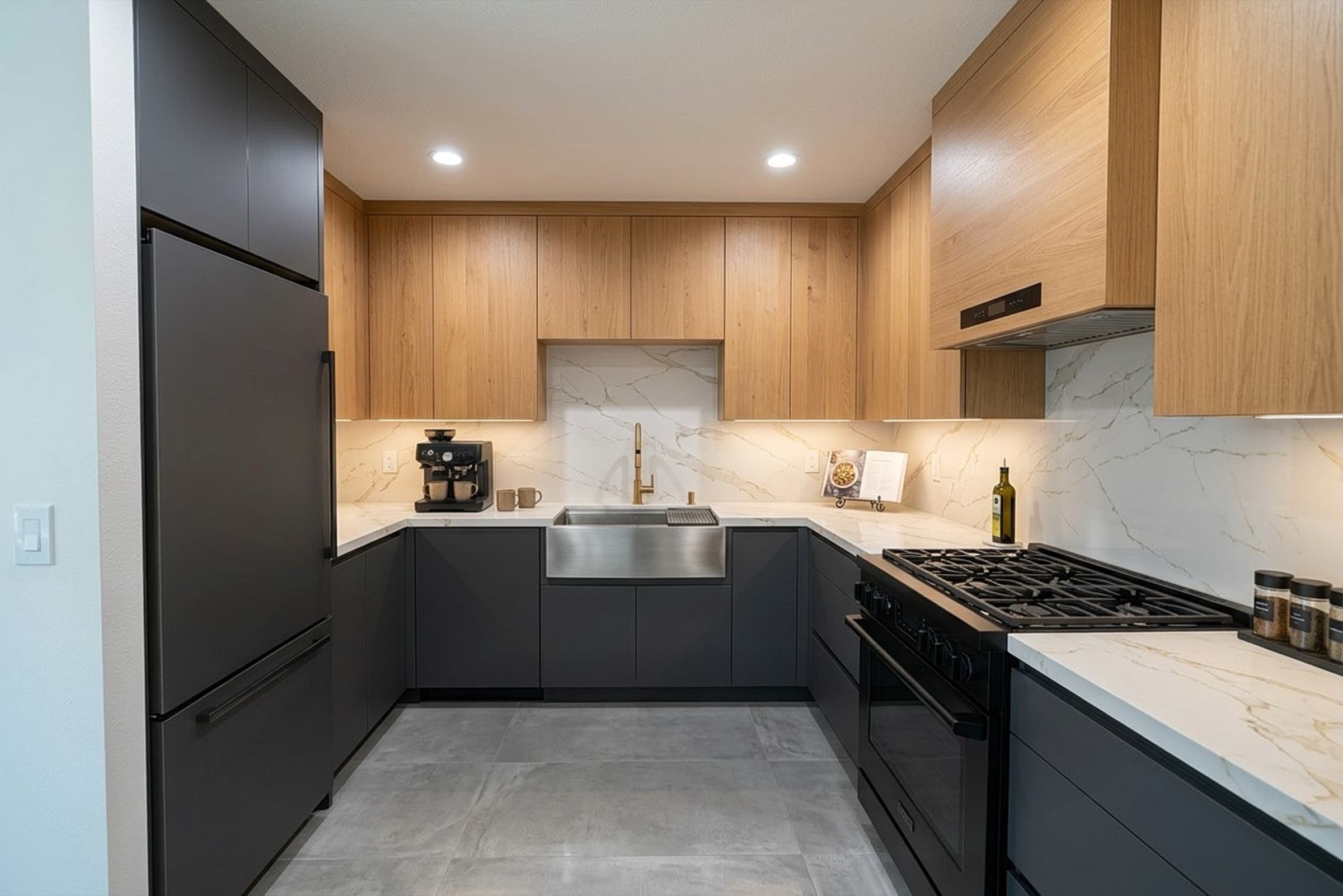 Kitchen renovated with light oak and charcoal two-tone cabinetry