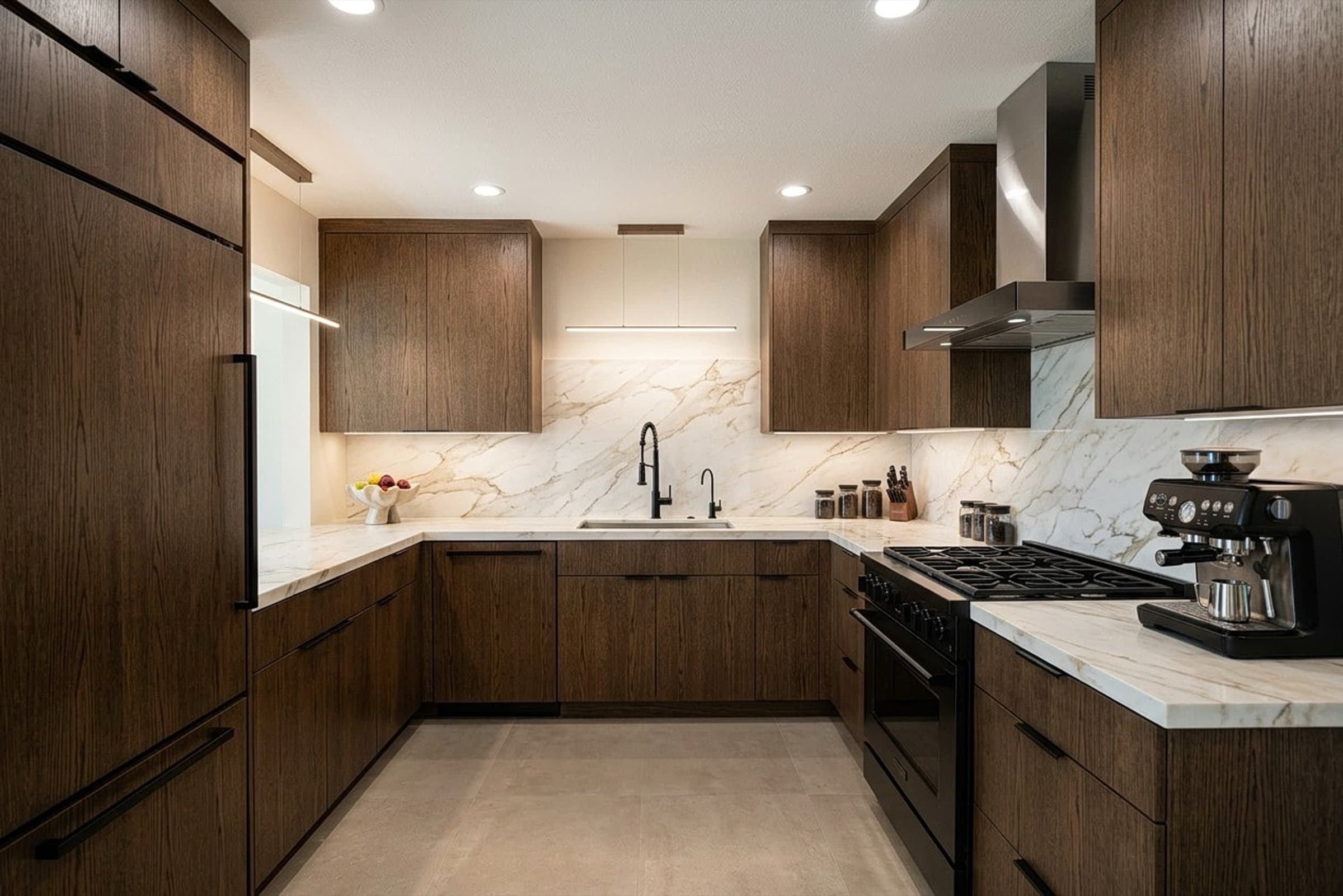 Kitchen renovated with rich walnut cabinetry and marble backsplash