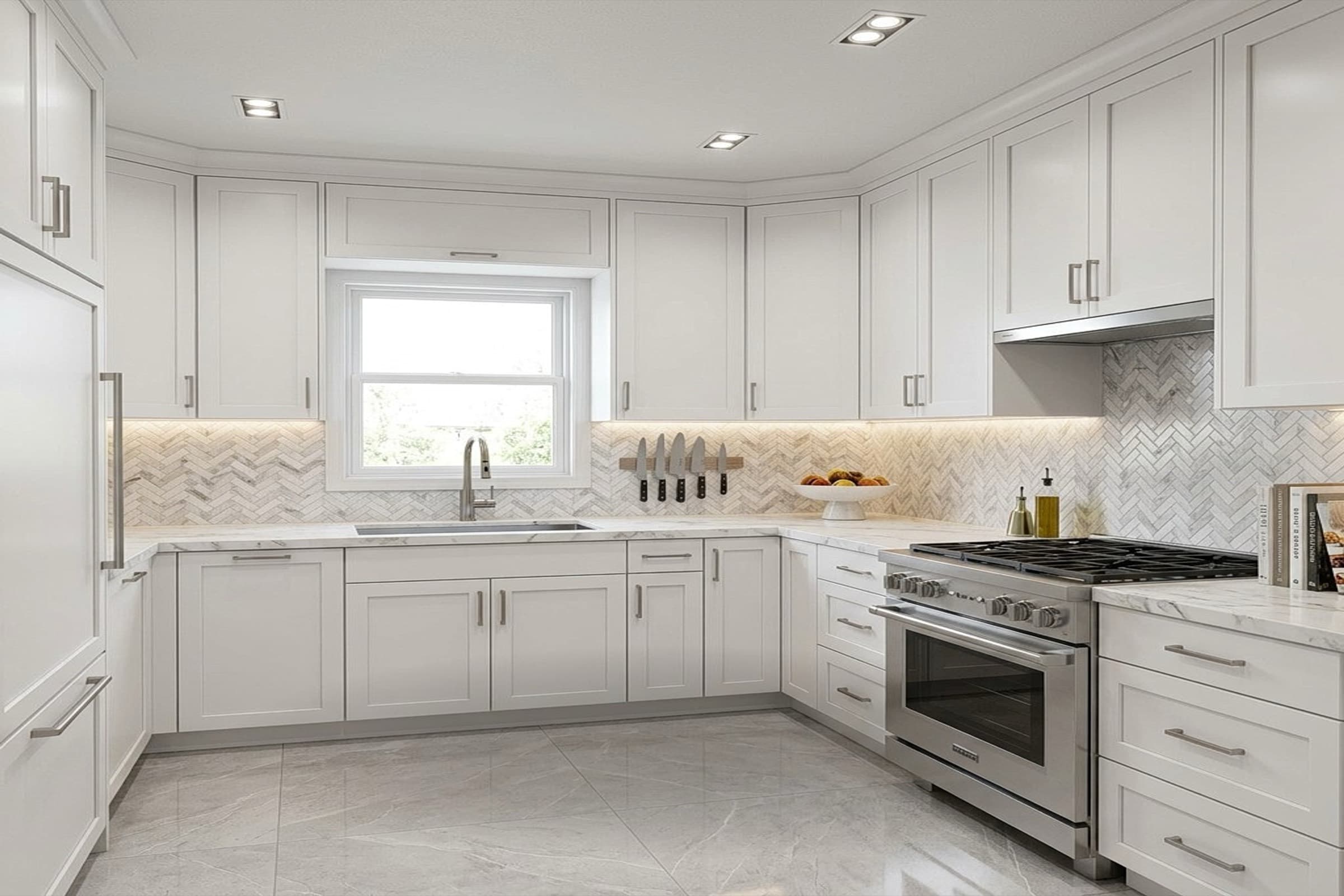 Kitchen renovated with white shaker cabinets and herringbone backsplash