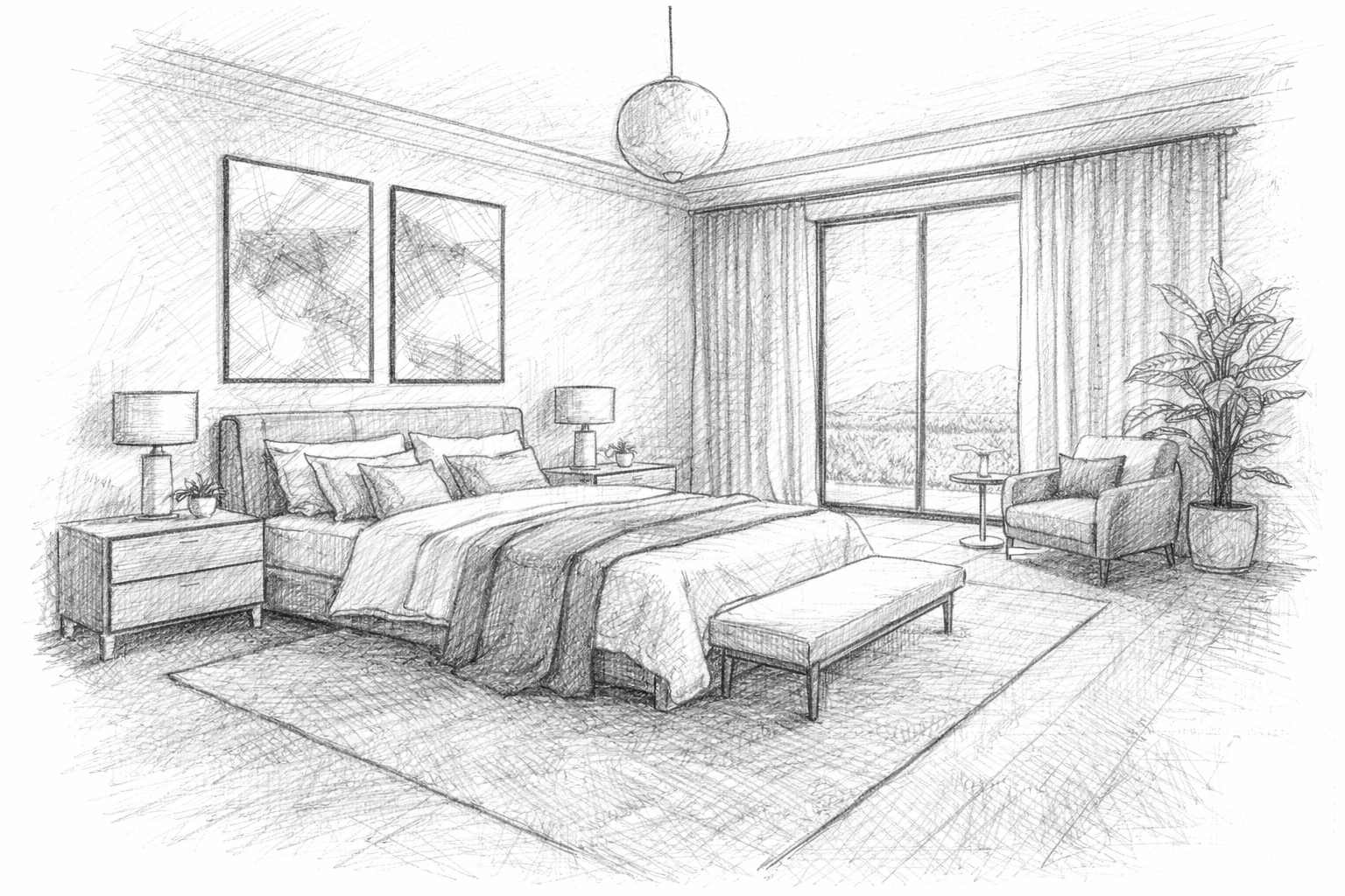 Hand-drawn pencil sketch of a bedroom with bed, nightstands, and window