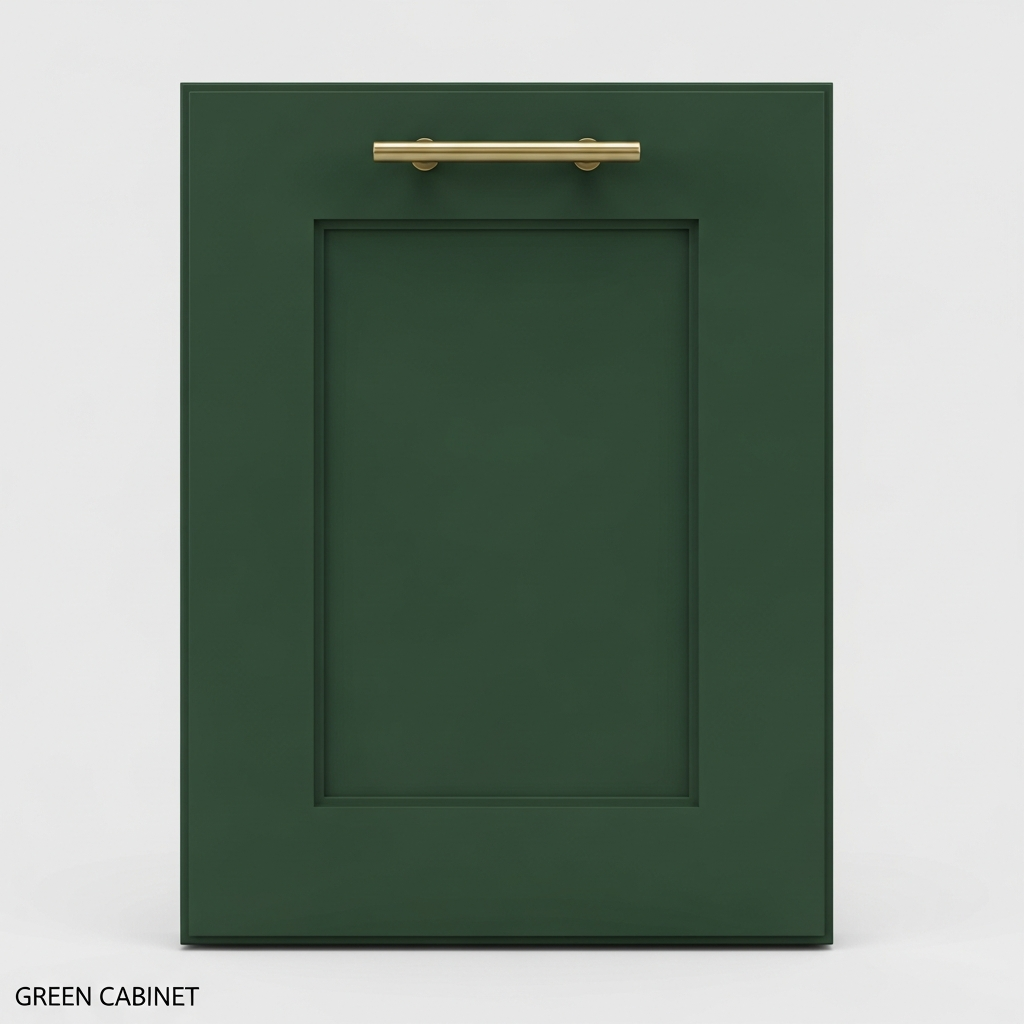 Custom green shaker cabinet asset with brass hardware