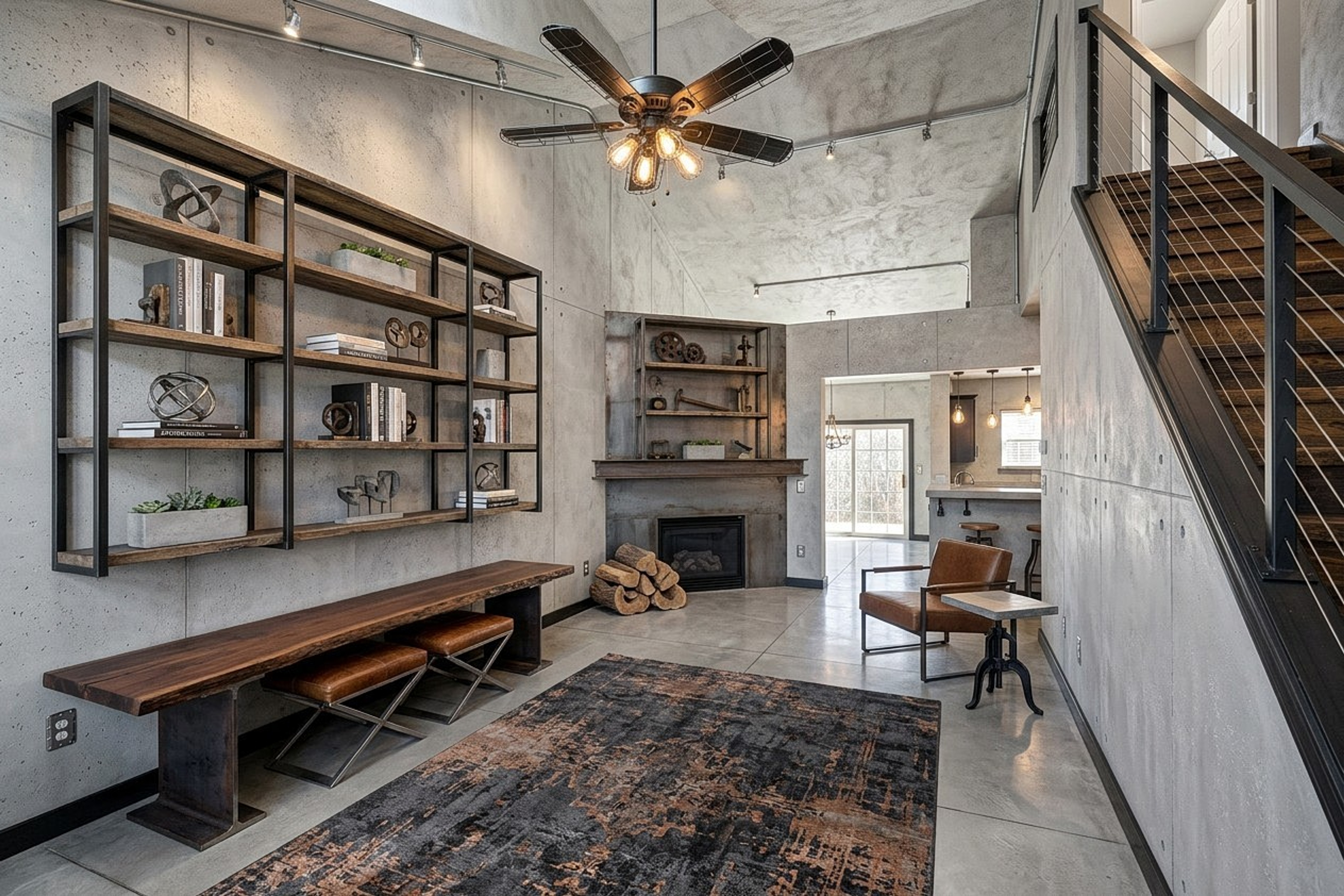 Room staged in industrial theme with metal shelving, concrete walls and leather furniture
