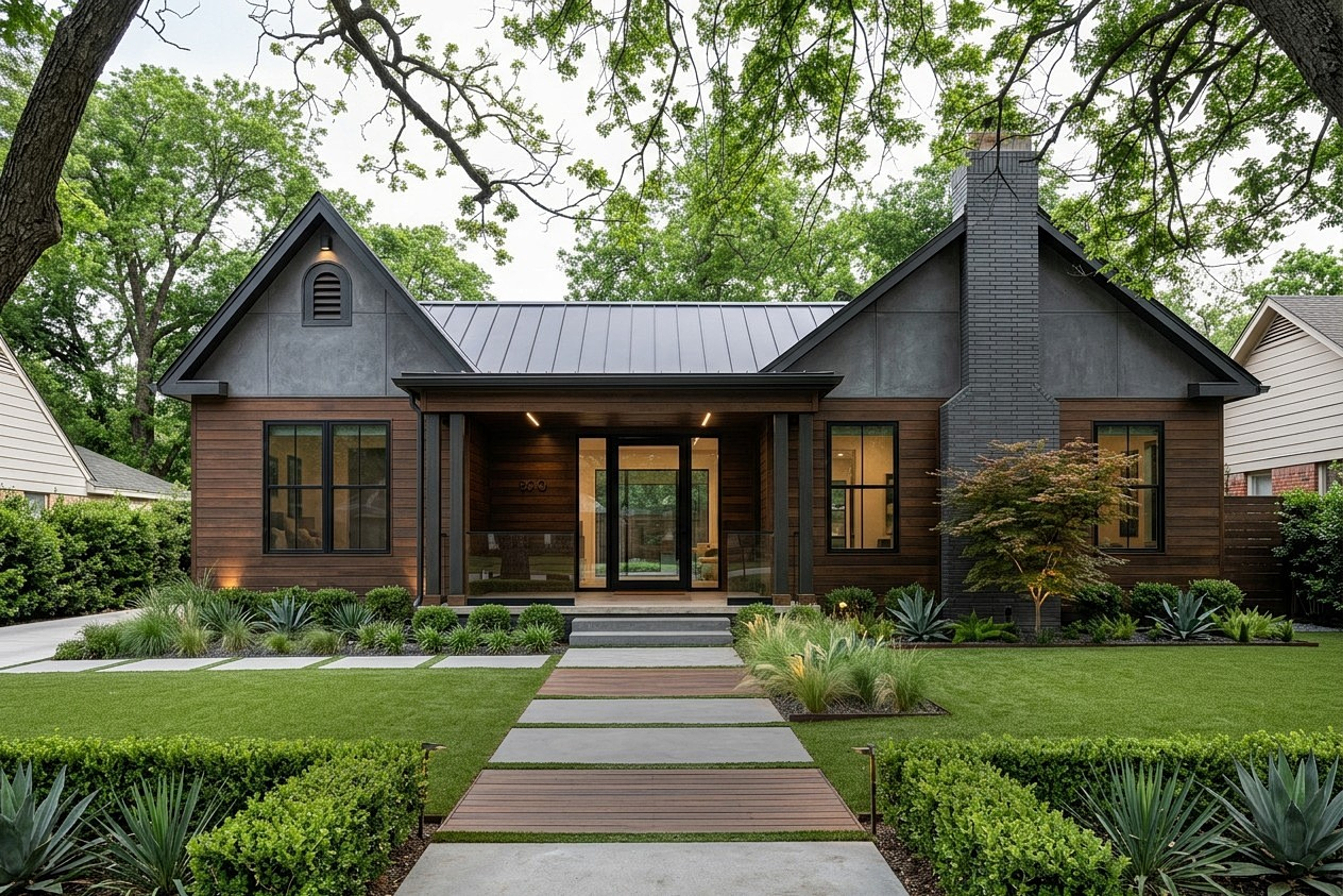 Modern facade renovation with wood and dark siding, updated landscaping and new walkway