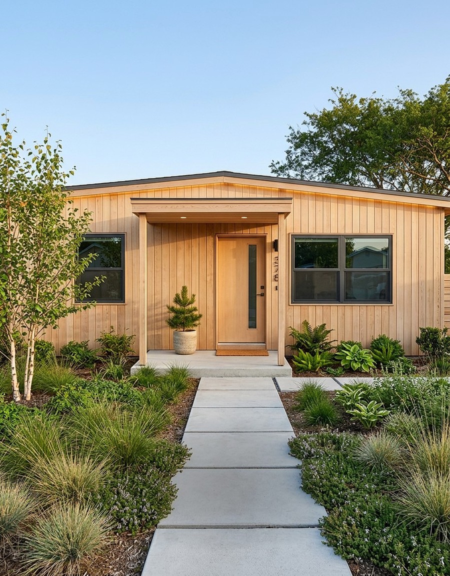 Scandinavian-themed exterior transformation with natural wood cladding and lush landscaping