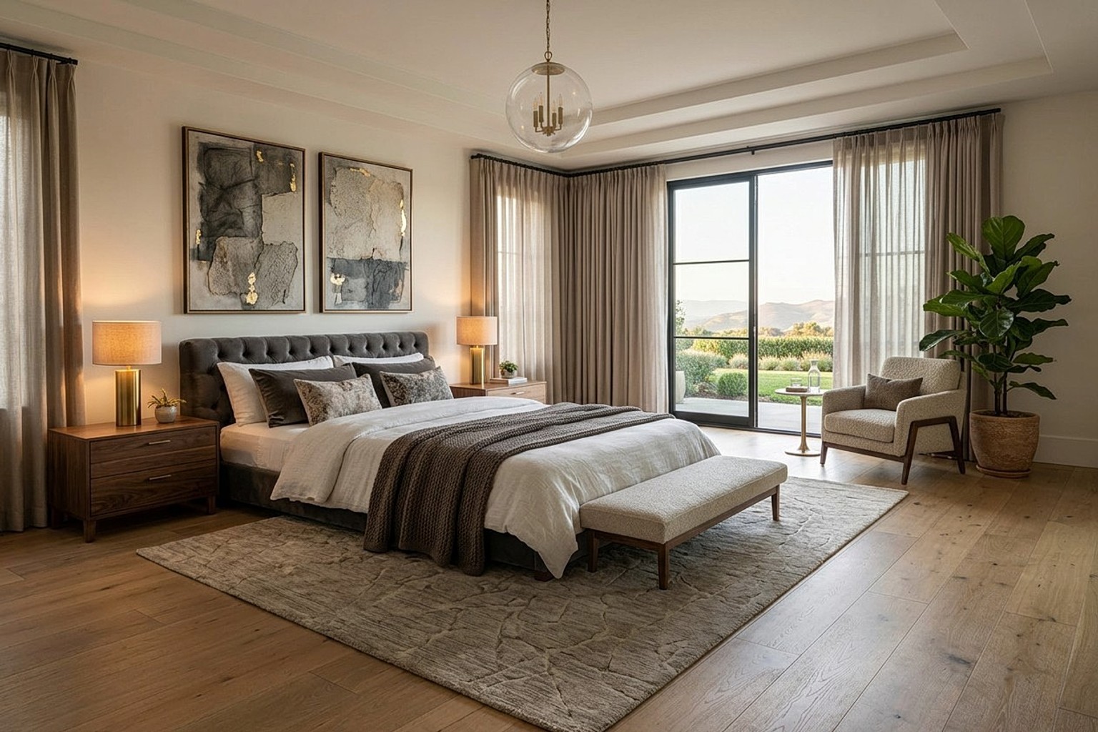 Photorealistic bedroom render generated from the sketch with full furnishings and natural light