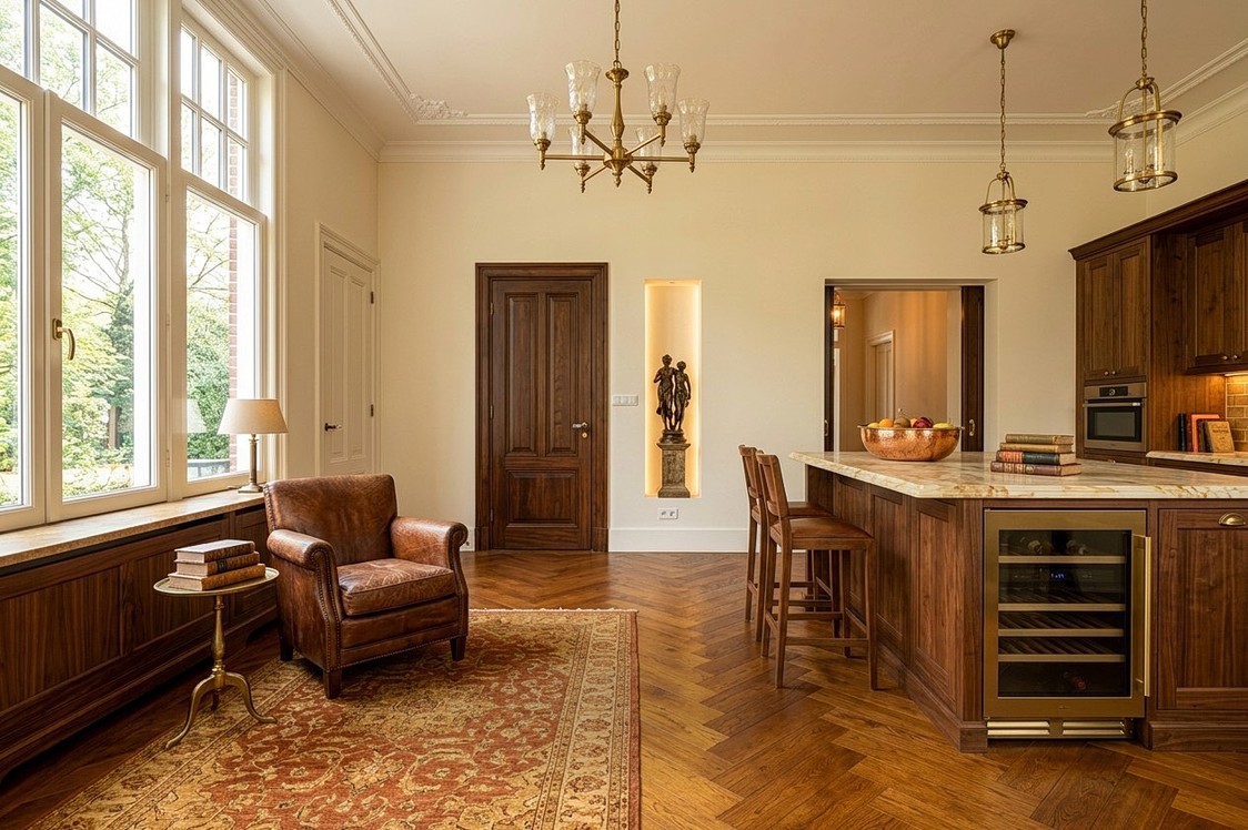 Traditional-styled interior with rich wood cabinetry, herringbone floors and classic furnishings